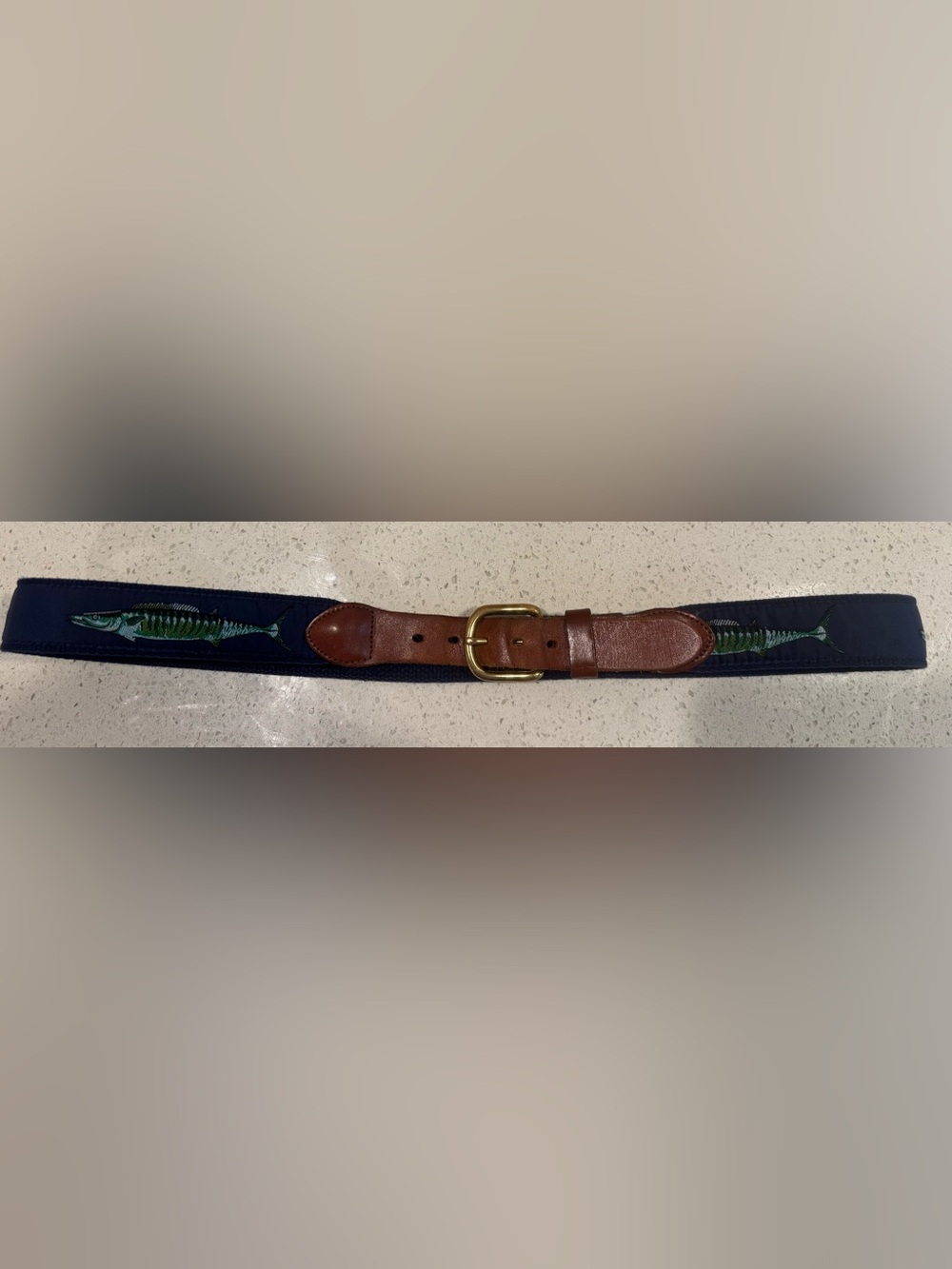 Leather Man Ltd. Navy Webbed Men's Belt with Green/Blue Fish